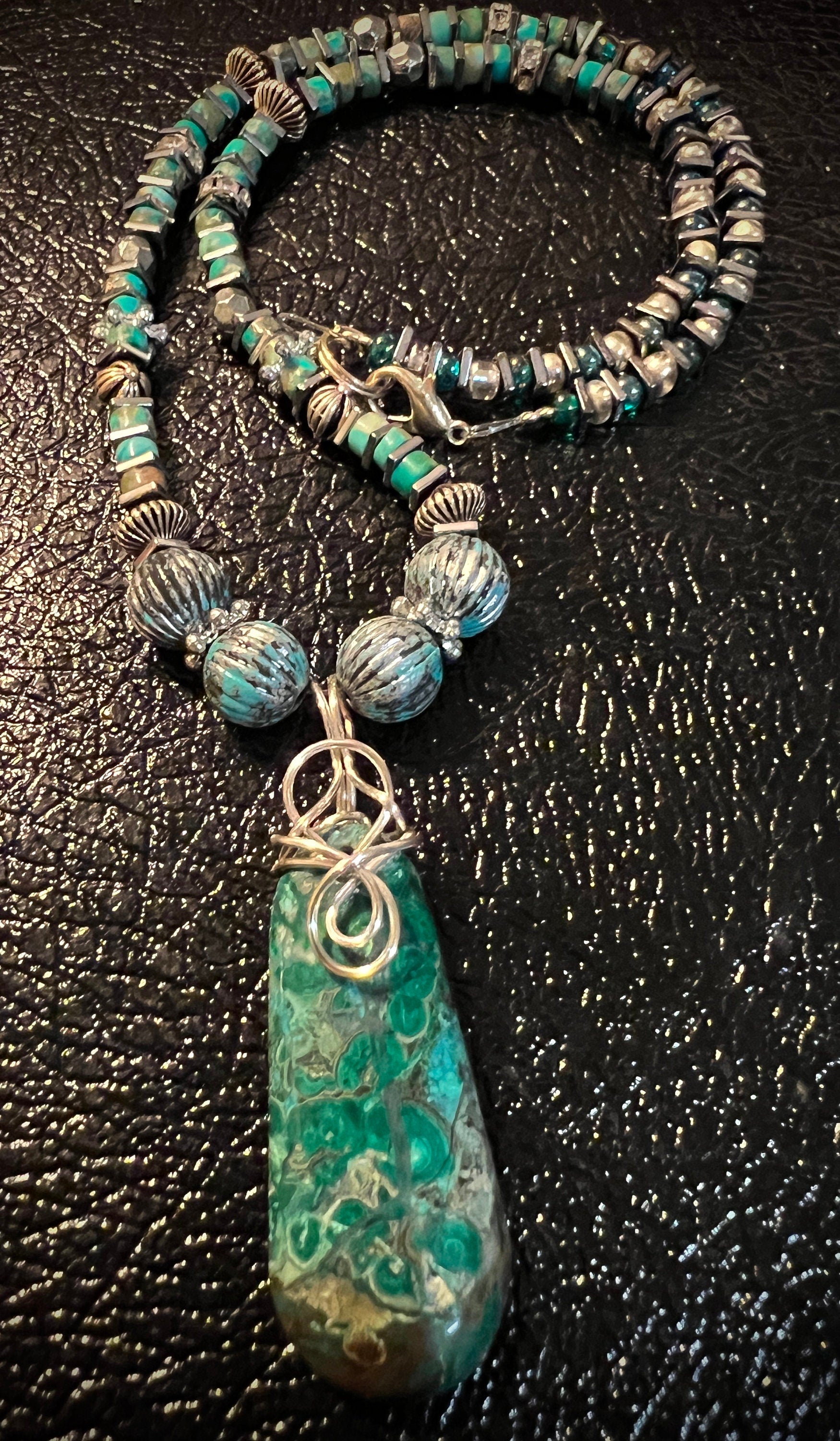 Blue & Green Chrysocolla Pendant with multi bead necklace