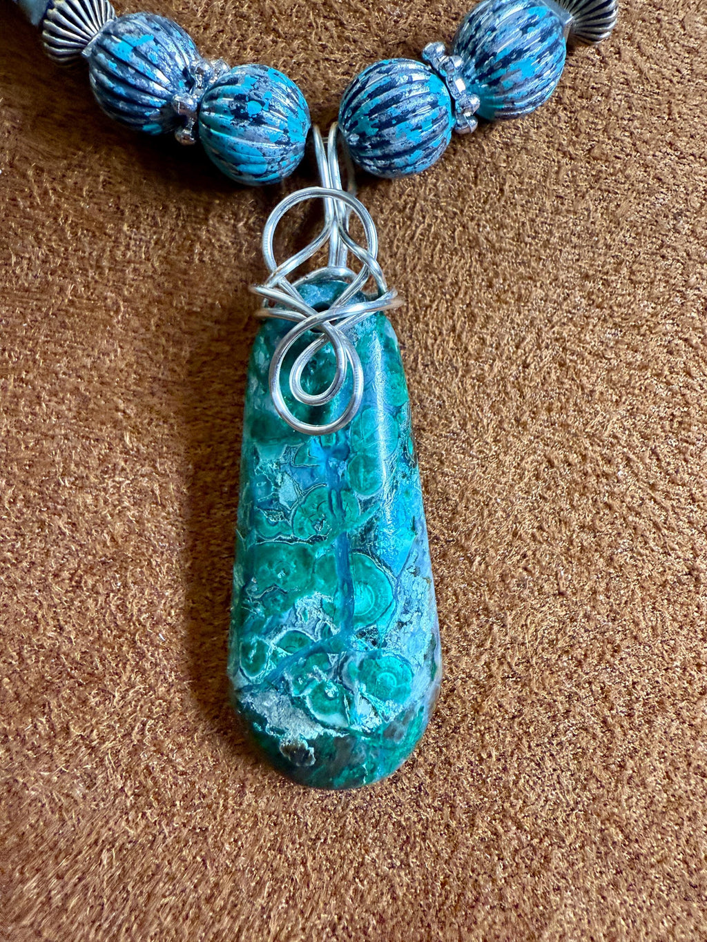 Blue & Green Chrysocolla Pendant with multi bead necklace