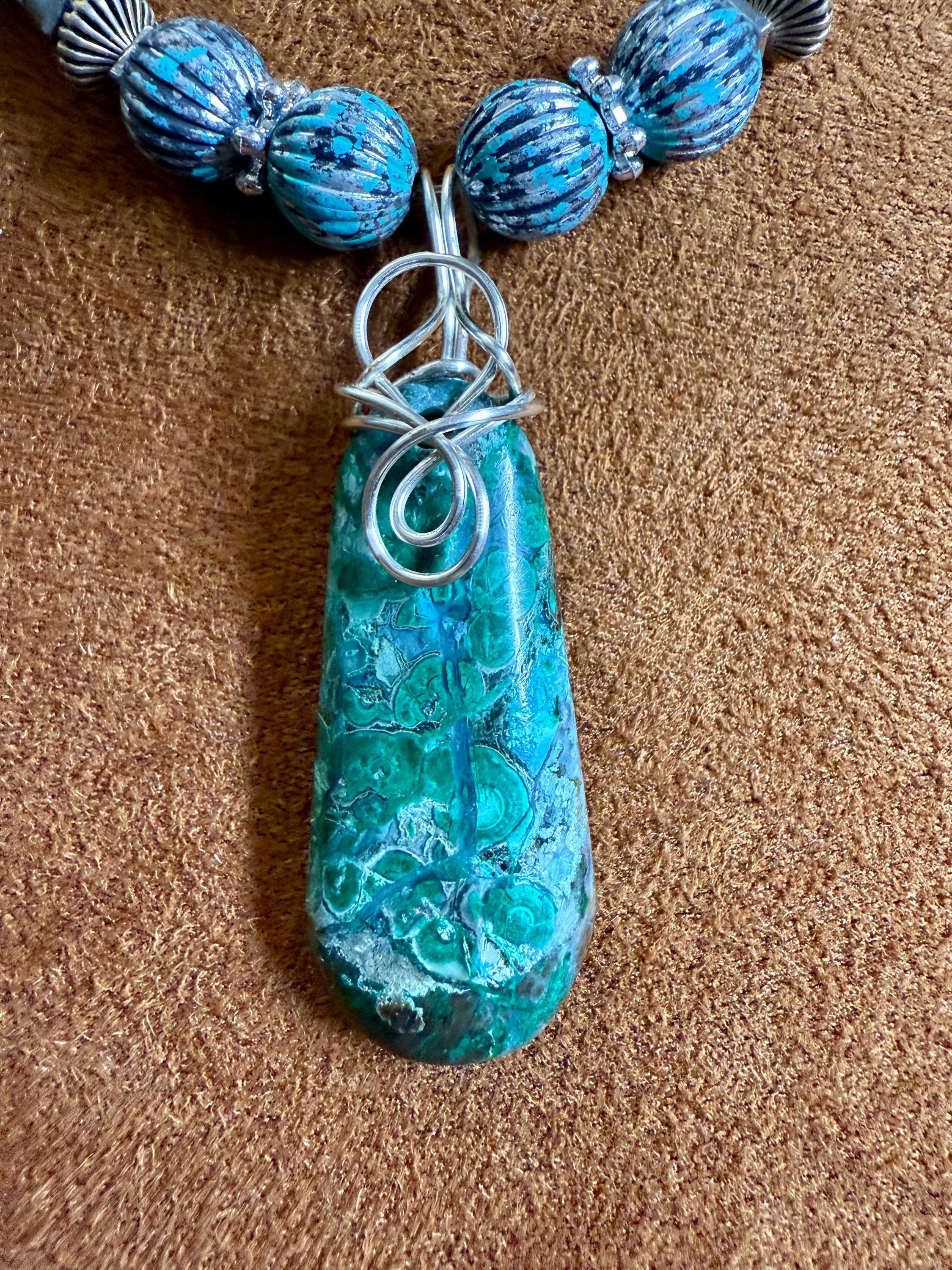 Blue & Green Chrysocolla Pendant with multi bead necklace