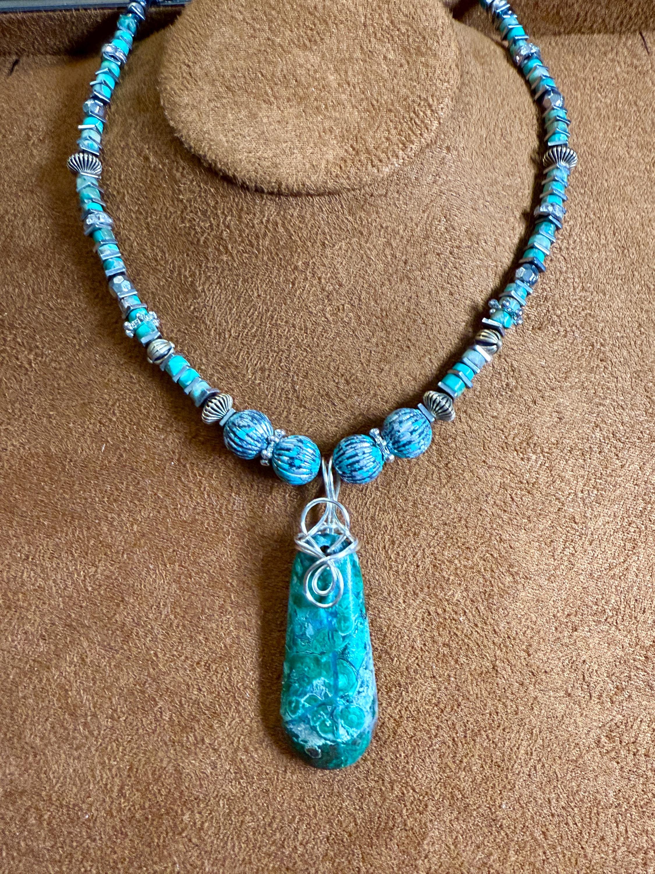 Blue & Green Chrysocolla Pendant with multi bead necklace