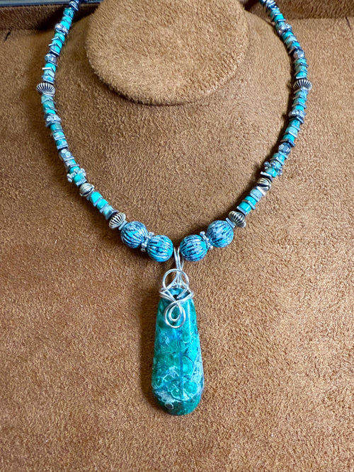 Blue & Green Chrysocolla Pendant with multi bead necklace