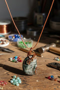 Copper and Quartz (Datolite) Pendant wrapped in copper wire