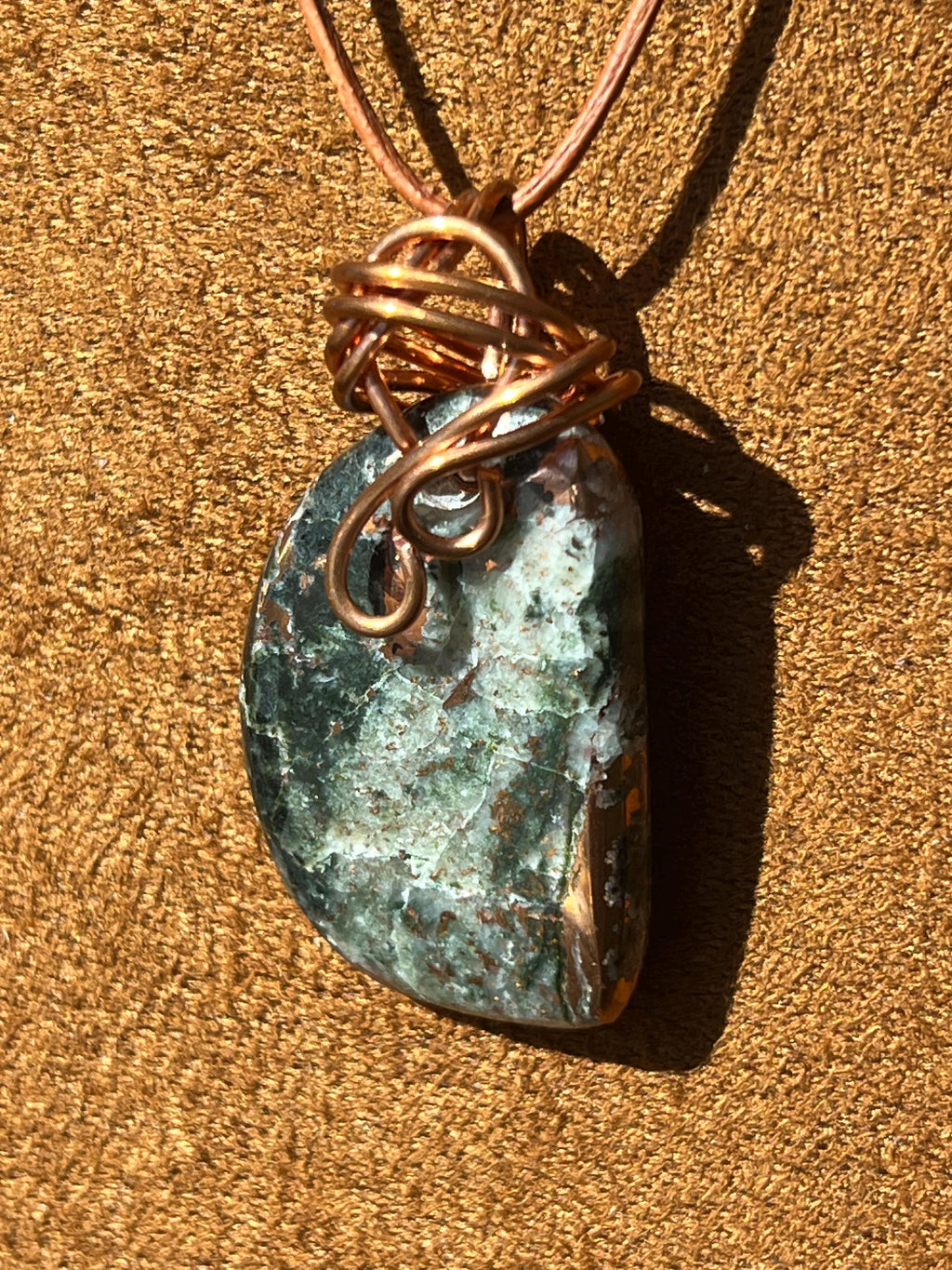Copper and Quartz (Datolite) Pendant wrapped in copper wire