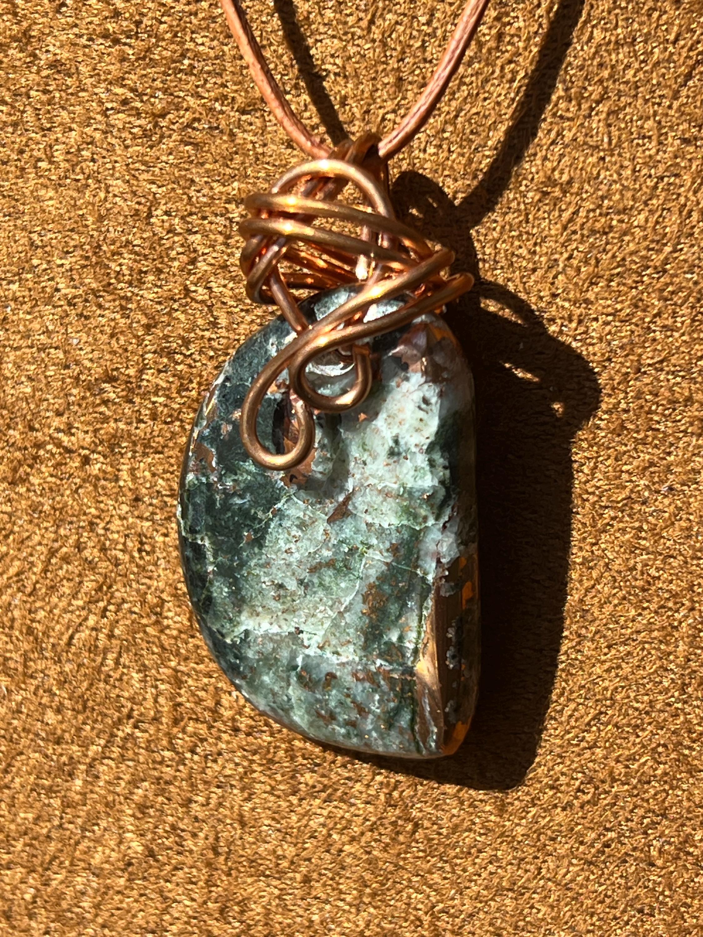 Copper and Quartz (Datolite) Pendant wrapped in copper wire
