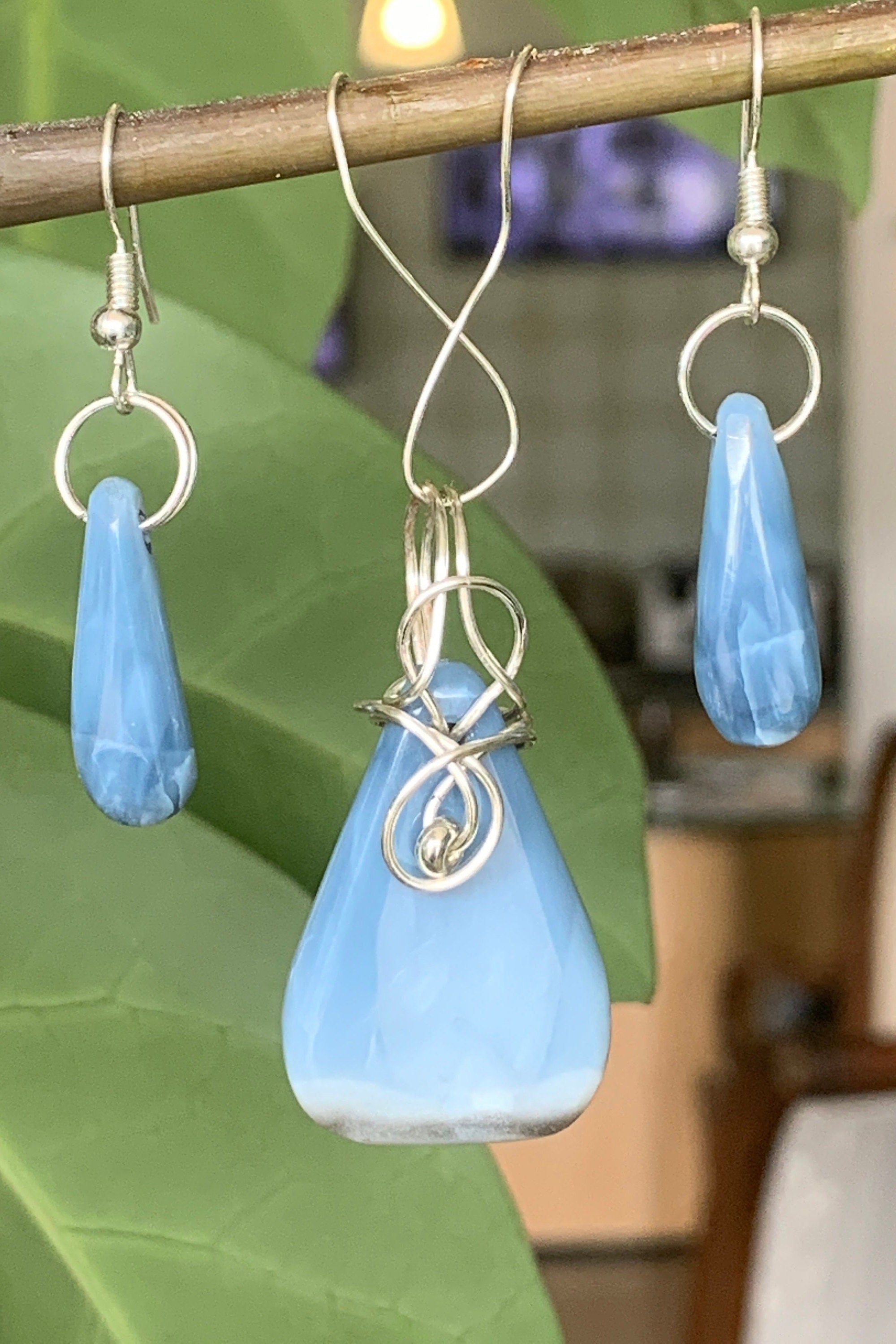 Blue Boulder Opal Pendant with earrings