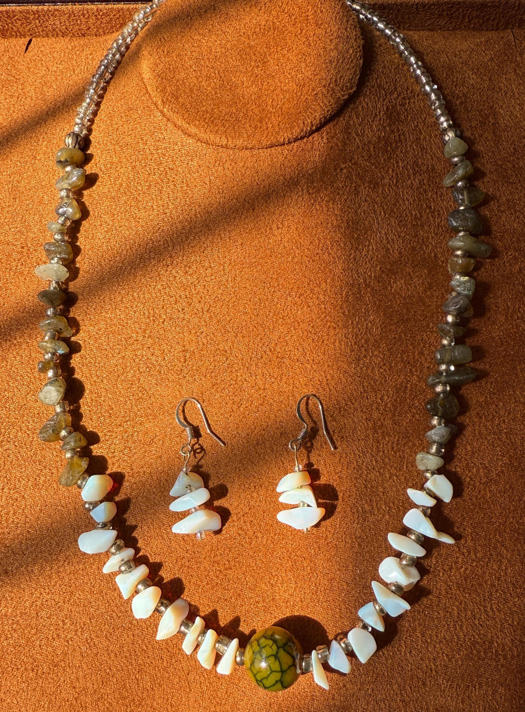Fire Opal Labradorite and Dragon Vein Agate Necklace with earrings