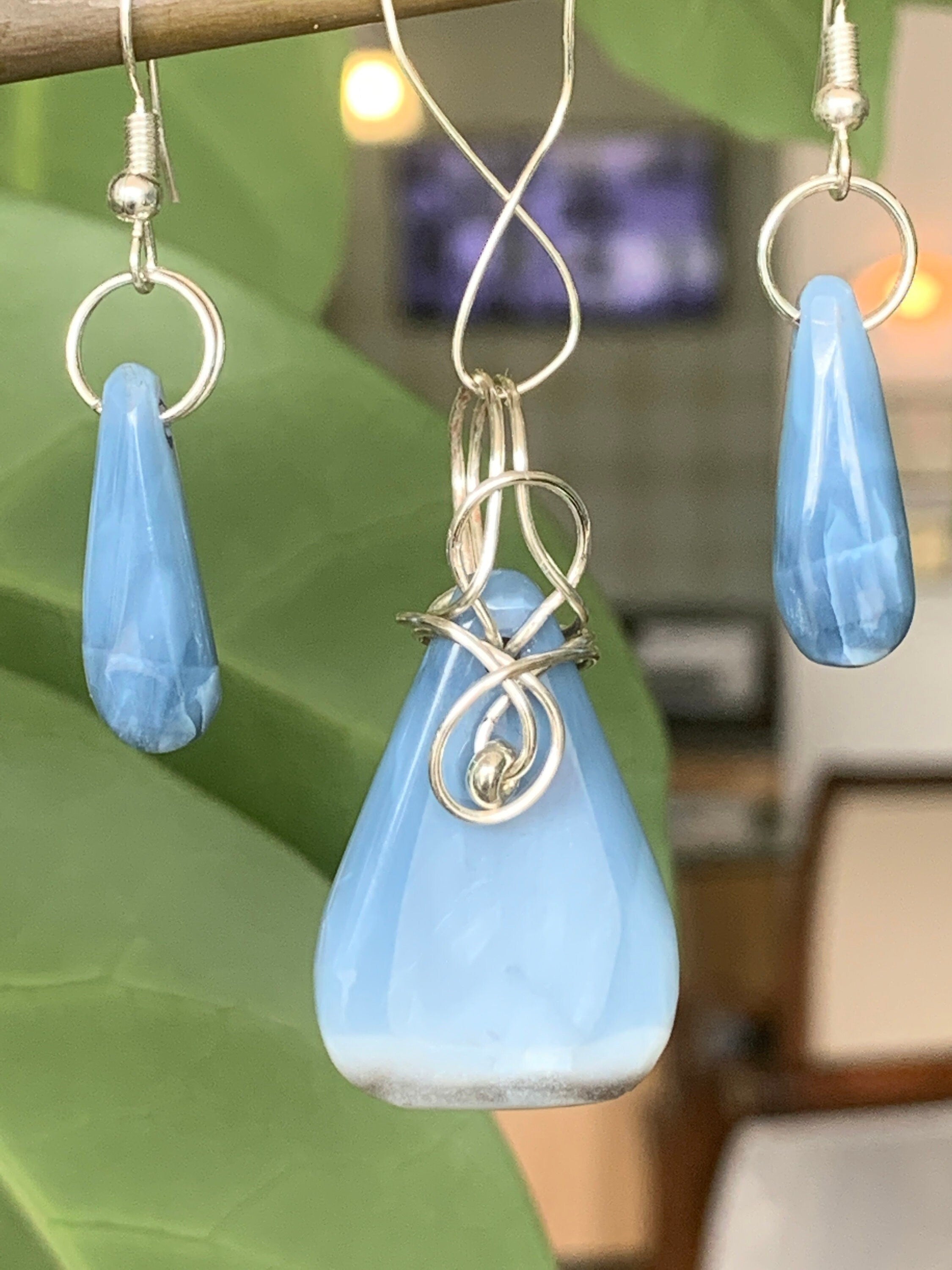 Blue Boulder Opal Pendant with earrings