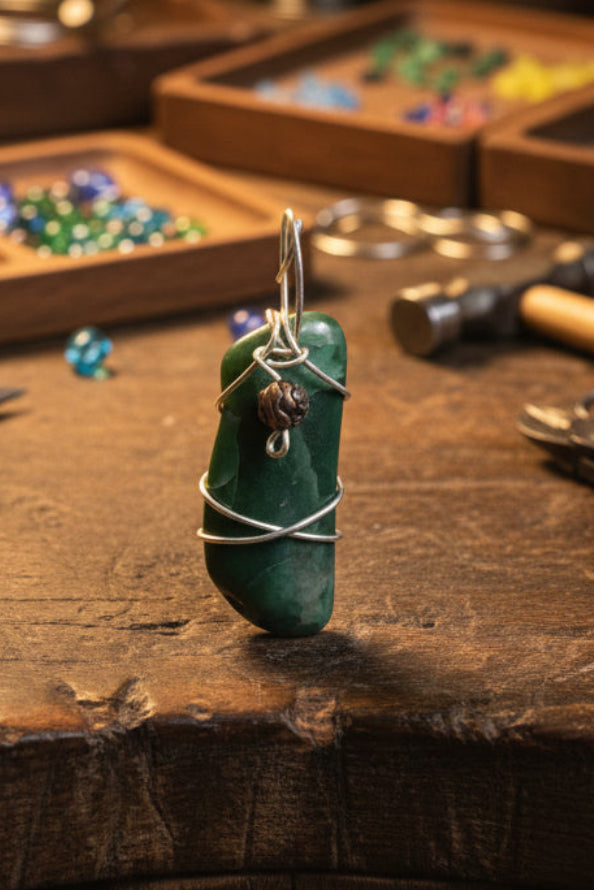 Green stone earring with silver wire wrapping held in a hand
