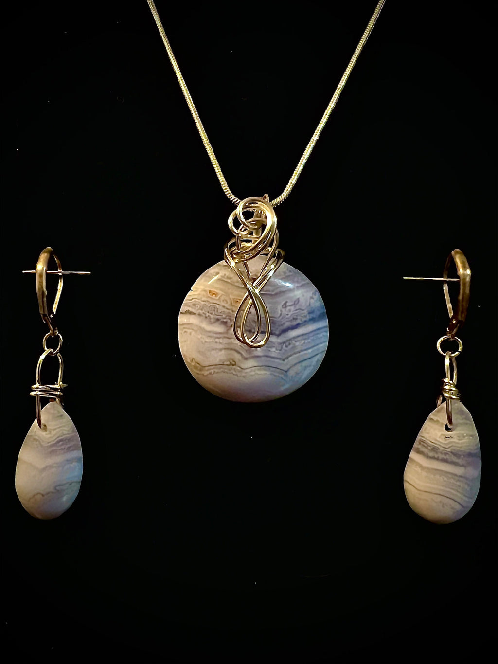 Blue Lace Agate Pendant and Earrings