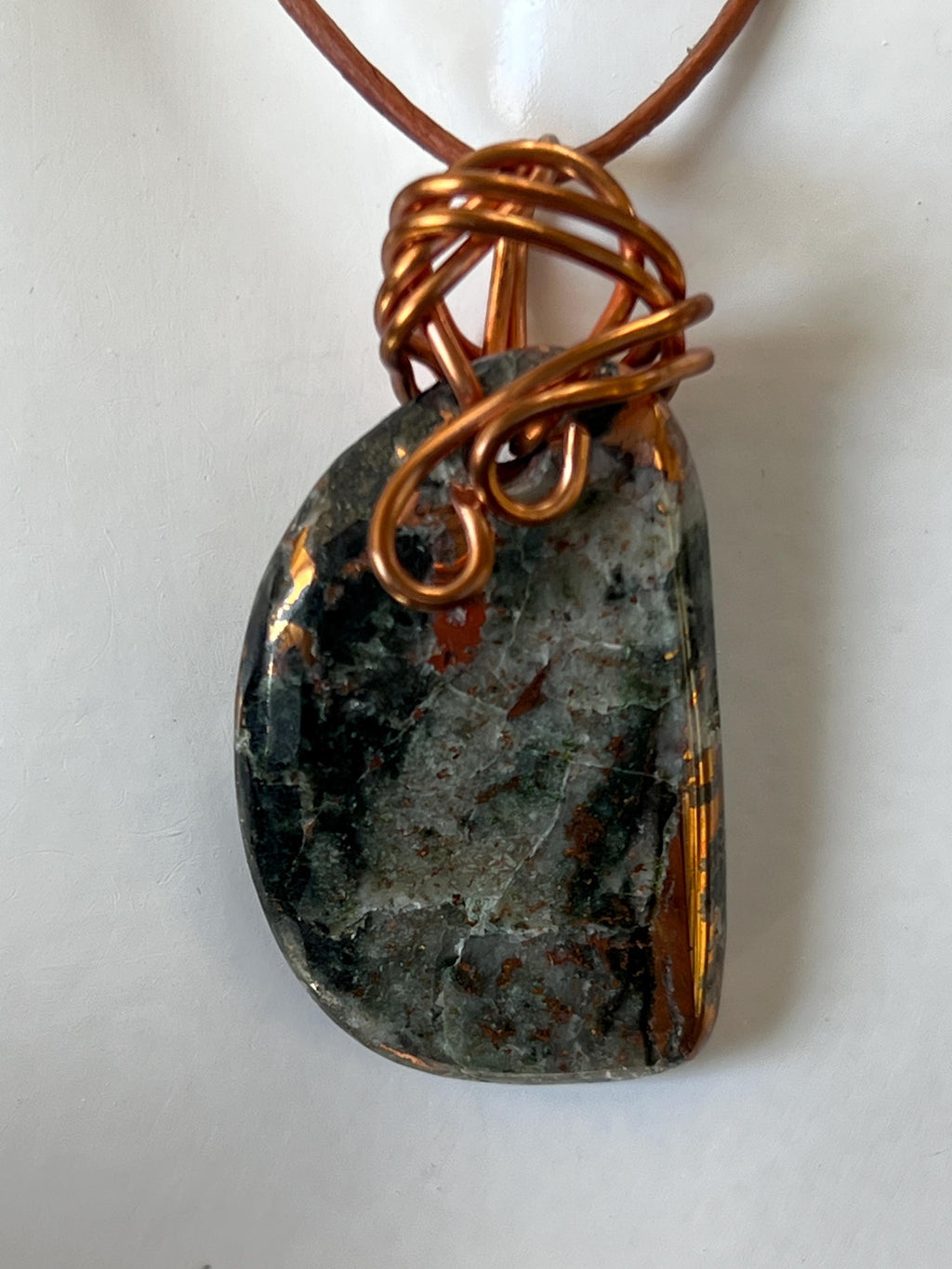Copper and Quartz (Datolite) Pendant wrapped in copper wire