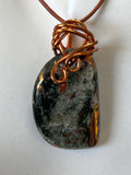 Copper and Quartz (Datolite) Pendant wrapped in copper wire