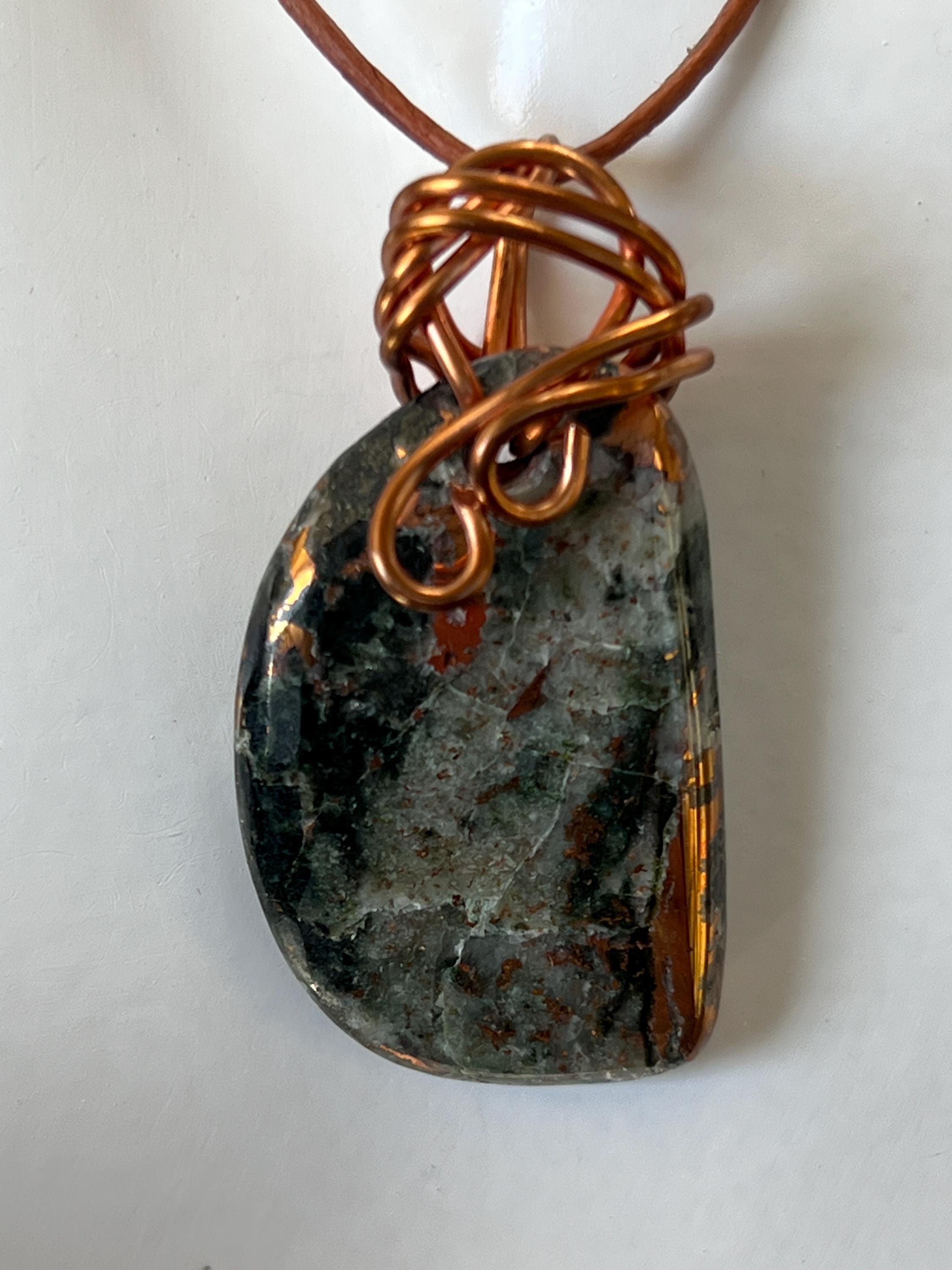Copper and Quartz (Datolite) Pendant wrapped in copper wire