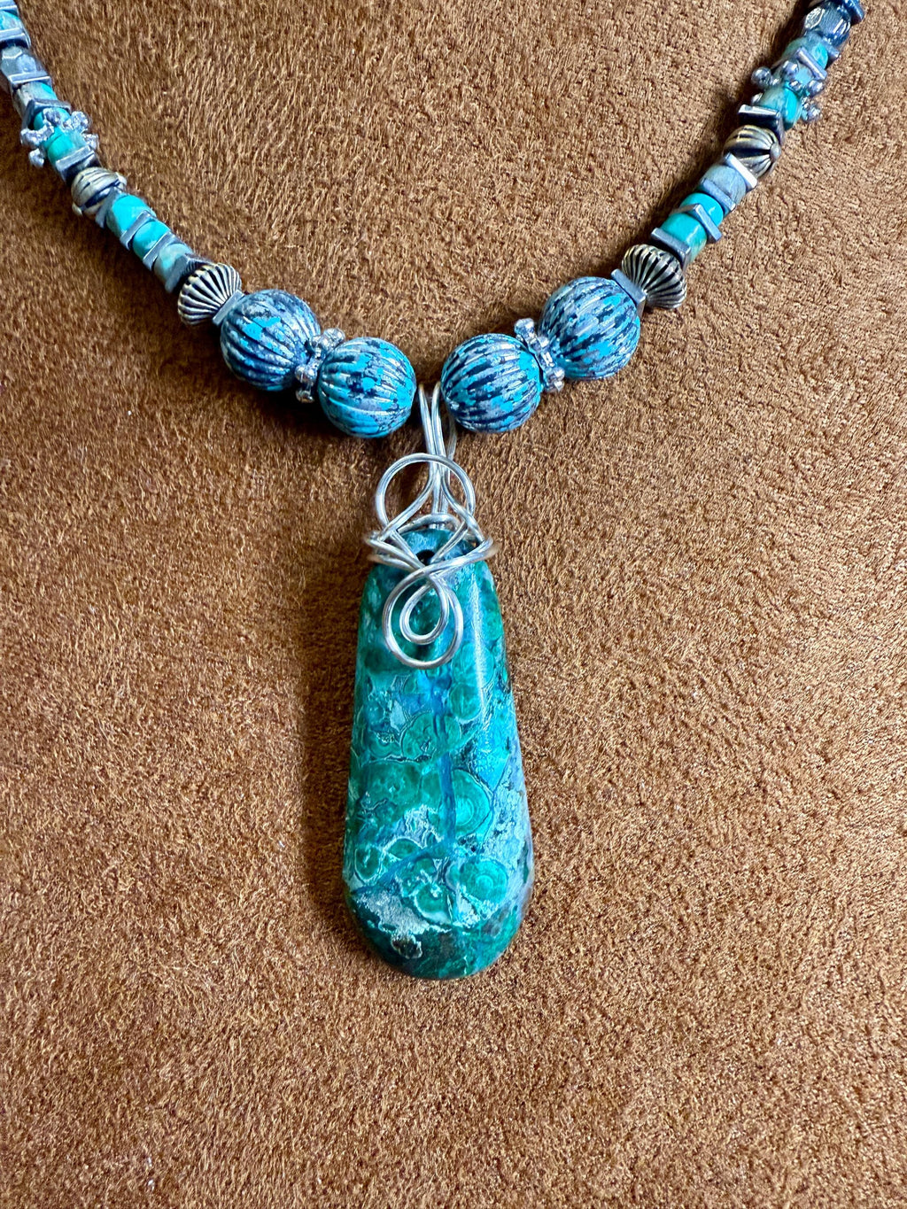 Blue & Green Chrysocolla Pendant with multi bead necklace