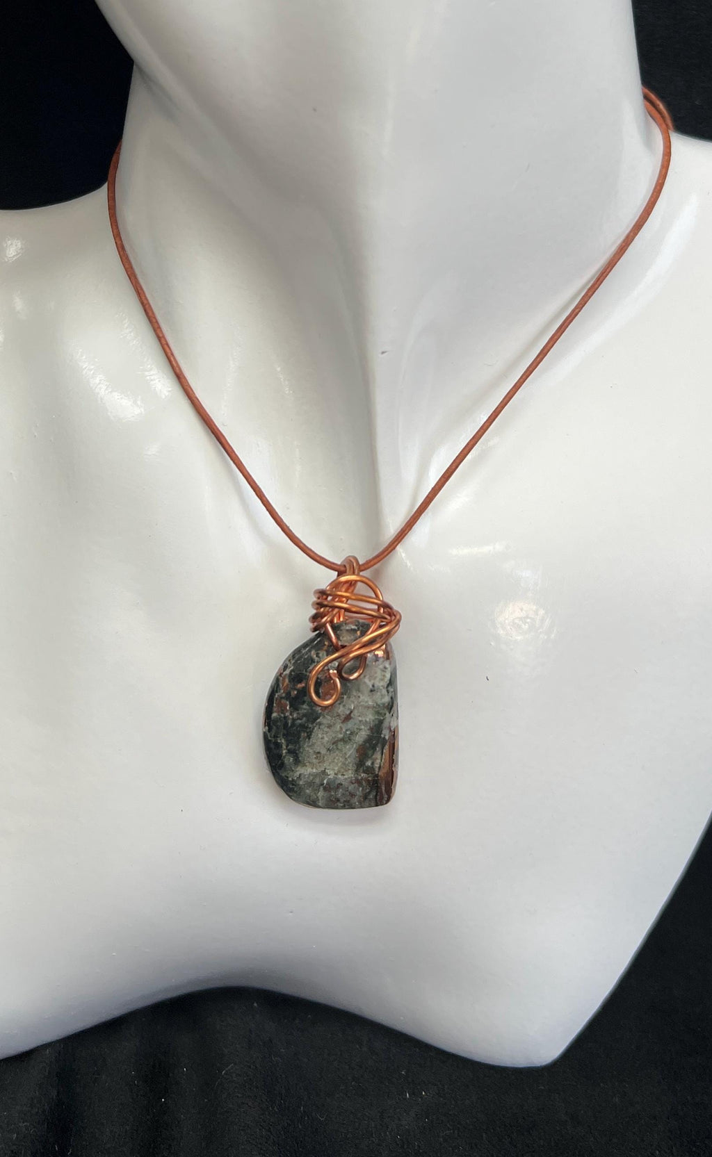 Copper and Quartz (Datolite) Pendant wrapped in copper wire